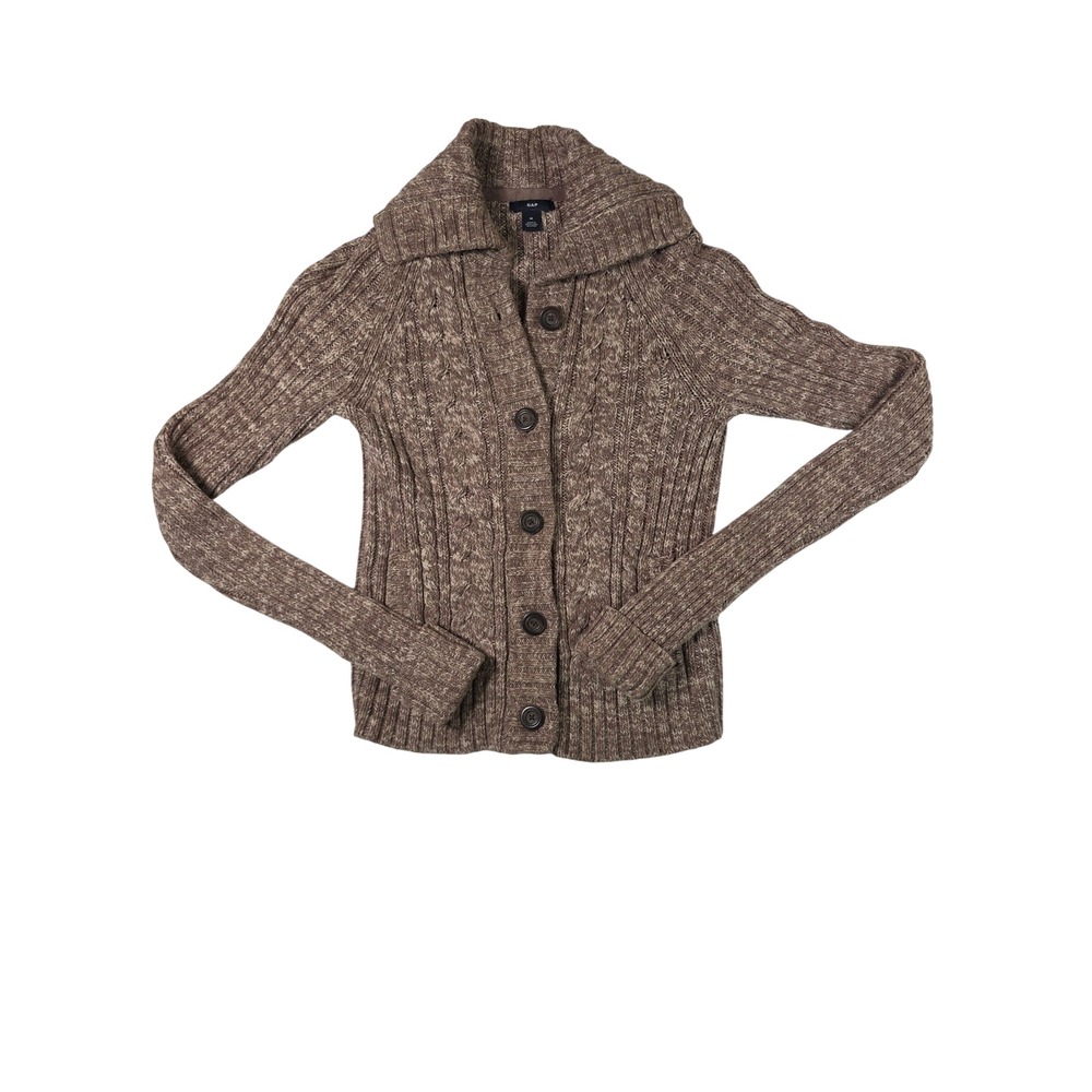 Vintage Gap Cardigan Sweater Chunky Cable Knit Shawl Collar Medium Brown Y2K